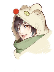 Rule 34 | 1girl, :d, brown eyes, brown hair, button eyes, buttons, coat, final fantasy, final fantasy vii, final fantasy vii remake, green scarf, headband, highres, hood, hood up, lips, looking at viewer, moogle, open mouth, portrait, scarf, short hair, simple background, smile, solo, ta-chun, white background, white coat, yuffie kisaragi