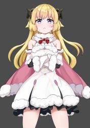 Rule 34 | 1girl, :&lt;, absurdres, armpit crease, blonde hair, blush, bow, bowtie, buttons, cape, commentary, crossed arms, dress, grey background, gunbuster pose, highres, hololive, horns, long hair, looking at viewer, purple eyes, sheep girl, sheep horns, simple background, solo, sparkle, strapless, strapless dress, tengen toppa gurren lagann, trap (drthumt), tsunomaki watame, tsunomaki watame (1st costume), virtual youtuber