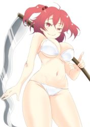 Rule 34 | 1girl, alternate costume, arm at side, bikini, breasts, cowboy shot, from below, hair between eyes, hair bobbles, hair ornament, large breasts, lips, looking at viewer, mukai, navel, onozuka komachi, over shoulder, red eyes, red hair, scythe, short twintails, smile, smug, solo, stomach, swimsuit, touhou, twintails, two side up, underboob, weapon, weapon over shoulder, white bikini