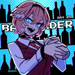 Rule 34 | 1girl, :d, absurdres, alternate costume, artist logo, backlighting, bar (place), bartender, black choker, black hairband, blue eyes, blush, bottle, breasts, choker, cocktail shaker, collared shirt, commentary, dated, dress shirt, english commentary, english text, eyes visible through hair, formal, glowing, glowing eyes, hair between eyes, hairband, head wings, highres, holding shaker, hololive, iqbal fauzi, looking at viewer, medium breasts, multicolored hair, necktie, open mouth, pink hair, purple vest, red necktie, shirt, short hair, smile, solo, standing, streaked hair, takane lui, two-tone hair, upper body, vest, virtual youtuber, white hair, white shirt, wing collar, wings