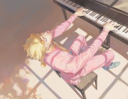 Rule 34 | 1boy, blonde hair, blue footwear, chinese commentary, cleavage cutout, closed eyes, clothing cutout, commentary request, curly hair, dutch angle, expressionless, facing up, from above, full body, giorno giovanna, highres, instrument, jacket, jojo no kimyou na bouken, long sleeves, male focus, medium hair, music, pants, piano, pink jacket, pink pants, playing instrument, playing piano, ponytail, realistic, shoes, sitting, solo, sunlight, vento aureo, yuan di shaobing