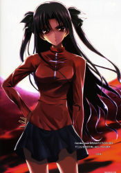 Rule 34 | 00s, 1girl, black hair, fate/hollow ataraxia, fate/stay night, fate (series), fumio (ura fmo), hair ribbon, highres, long hair, red eyes, ribbon, scan, skirt, solo, tohsaka rin, turtleneck, twintails, two side up