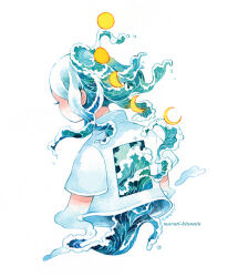 Rule 34 | androgynous, blue hair, blue shirt, closed eyes, cloud, cloud print, colored extremities, colored eyelashes, from behind, liquid hair, maruti bitamin, medium hair, melting, moon, moon phases, night, ocean, original, painting (medium), print shirt, shirt, surreal, traditional media, upper body, water, watercolor (medium), wave print, waves, white background, white hair
