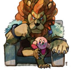 Rule 34 | 2boys, bracelet, claws, crossed legs, hand on own head, highres, jewelry, kirby, kirby (series), kirby and the forgotten land, leongar, lion, mane, multiple boys, nintendo, no humans, sitting, sitting on lap, sitting on person, throne, wuu211211