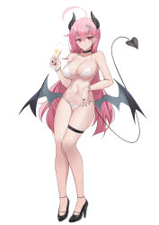 Rule 34 | 1girl, 3:, absurdres, ahoge, bare arms, bare legs, bare shoulders, bead bracelet, beads, bikini, black choker, black footwear, black nails, bracelet, breasts, champagne flute, choker, cleavage, closed mouth, cup, demon girl, demon horns, demon tail, demon wings, drinking glass, ear piercing, earrings, frown, full body, hair ornament, hairclip, halterneck, high heels, highres, holding, holding cup, horns, jewelry, large breasts, long hair, looking at viewer, low wings, mole, mole under eye, nail polish, navel, navel piercing, original, parfait desu, parfy (parfait ehmy), piercing, pink hair, red eyes, ring, simple background, solo, standing, stomach, strap gap, string bikini, swimsuit, tail, tail raised, thigh strap, thighs, very long hair, white background, white bikini, wings