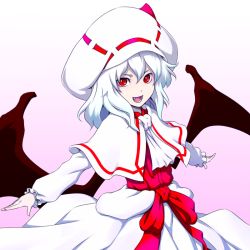 Rule 34 | &gt;:d, 1girl, :d, alternate costume, bat wings, capelet, curiosities of lotus asia, female focus, hat, kentairui, looking at viewer, low wings, open mouth, outstretched arms, pink background, red eyes, remilia scarlet, simple background, slit pupils, smile, solo, spread arms, touhou, v-shaped eyebrows, white hair, wings
