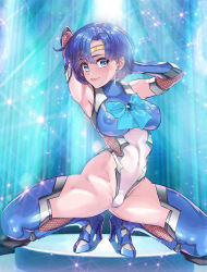 Rule 34 | 1girl, adapted costume, arion canvas, arms behind head, bishoujo senshi sailor moon, blue eyes, blue hair, boots, bow, breasts, elbow gloves, fishnets, gloves, hair intakes, high heel boots, high heels, highres, large breasts, leotard, lips, sailor mercury, short hair, skin tight, sleeveless, smile, spread legs, squatting, taimanin (series), taimanin suit, thong leotard, tiara