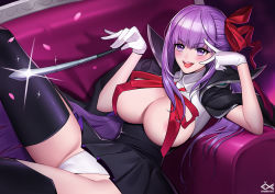 Rule 34 | 10s, 1girl, bb (fate), bb (fate/extra), black thighhighs, breasts, cameltoe, citemer, coat, fate/extra, fate/extra ccc, fate (series), gloves, hair ribbon, holding, holding wand, large breasts, leg lift, leg up, legs, long hair, lying, miniskirt, no shirt, on back, panties, purple eyes, purple hair, ribbon, shirt, shoes, skirt, smile, solo, thighhighs, thighs, trefoil, underwear, very long hair, wand, white panties