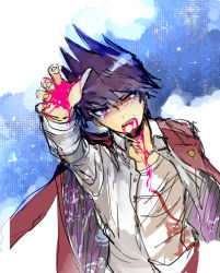 Rule 34 | 10s, 1boy, arms up, blood, blood from mouth, blood on face, blood splatter, blood stain, blood on clothes, blood on hands, crying, crying with eyes open, danganronpa (series), det (kaedb), facial hair, formal, goatee, image sample, looking at viewer, male focus, momota kaito, danganronpa v3: killing harmony, open mouth, purple eyes, purple hair, purple theme, sad smile, school uniform, short hair, simple background, solo, spoilers, tears