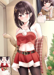 Rule 34 | 1girl, :d, bare shoulders, belt, belt buckle, black belt, black hair, black pantyhose, blurry, blurry background, blush, box, breasts, brown coat, buckle, cake, christmas, christmas ornaments, christmas tree, cleavage, closed mouth, coat, collarbone, comic, commentary request, crop top, depth of field, food, fruit, fur-trimmed skirt, fur trim, hair between eyes, hair ornament, highres, holding, holding box, indoors, long hair, long sleeves, medium breasts, midriff, navel, open mouth, original, pantyhose, pastry box, plaid, plaid scarf, red eyes, red skirt, santa costume, scarf, silent comic, skirt, sleeves past wrists, smile, standing, star (symbol), star hair ornament, strapless, strawberry, undressing, yukimaru217