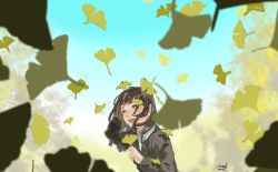 Rule 34 | 1girl, black hair, blue sky, blurry, blurry foreground, brown sweater, collared shirt, falling leaves, ginkgo tree, ginkgo leaf, green eyes, kaorkto, leaf, long hair, long sleeves, open mouth, original, outdoors, shirt, sky, smile, solo, sweater, tree, white shirt