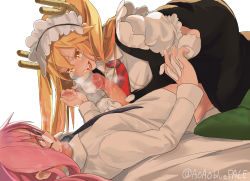 Rule 34 | 2girls, aoaobluepale, artist name, blonde hair, censored, commentary request, cum, cum in mouth, dragon girl, fellatio, futa with female, futanari, girl on top, glasses, gloves, holding hands, heart, heart-shaped pupils, highres, kobayashi-san chi no maidragon, kobayashi (maidragon), lying, maid, maid headdress, multiple girls, on back, open mouth, oral, penis, symbol-shaped pupils, teeth, tongue, tohru (maidragon), twitter username, watermark, yellow eyes