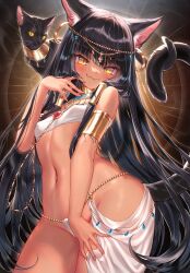 Rule 34 | 1girl, animal ear fluff, animal ears, ankh, armlet, bare shoulders, bastet (mythology), black cat, black hair, blush, breasts, brooch, cat, cat ears, cat tail, closed mouth, commentary, covered erect nipples, dark-skinned female, dark skin, earrings, egyptian, egyptian mythology, fang, highres, jewelry, komiya nigi, long hair, looking at viewer, navel, original, slit pupils, small breasts, smile, solo, standing, stomach, tail, usekh collar, very long hair, yellow eyes