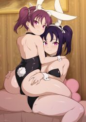 Rule 34 | 2girls, animal ears, artist name, ass, bare shoulders, blush, bow, breasts, cleavage, commentary, embarrassed, english commentary, fake animal ears, fake tail, hair bow, hand on another&#039;s ass, hands on another&#039;s shoulders, highres, indoors, kazuno leah, kazuno sarah, large breasts, leotard, looking at viewer, love live!, love live! sunshine!!, medium hair, multiple girls, on bed, partially visible vulva, pink eyes, playboy bunny, purple hair, rabbit ears, rabbit tail, saint snow, short hair, siblings, side ponytail, signature, sisters, sitting, sitting on person, smile, spread legs, sweatdrop, tail, twintails, unsfrau, wrist cuffs, yuri