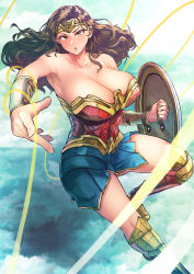 Rule 34 | 1girl, absurdres, armor, armpits, blue skirt, breasts, brown eyes, brown hair, circlet, cleavage, cloud, cloudy sky, collarbone, covered erect nipples, dc comics, fingernails, flying, greaves, highres, huge filesize, large breasts, long hair, parted lips, shield, skirt, sky, solo, sonparesu, superhero costume, teeth, upper teeth only, vambraces, weapon, western comics (style), whip, wonder woman, wonder woman (series)