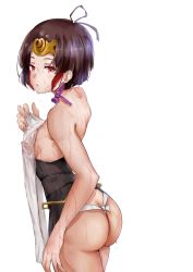 Rule 34 | 10s, 1girl, ass, bare shoulders, blush, breasts, brown hair, butt crack, choker, covered erect nipples, de yazhii, forehead protector, fundoshi, highres, japanese clothes, koutetsujou no kabaneri, looking at viewer, looking back, mumei (kabaneri), nipples, parted lips, red eyes, ribbon, see-through, short hair, simple background, small breasts, solo, standing, wet