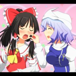 Rule 34 | 2girls, black hair, blue hair, blush, bow, cato (monocatienus), closed eyes, commentary request, detached sleeves, feeding, gradient hair, hair bow, hair tubes, hakurei reimu, juliet sleeves, letterboxed, letty whiterock, long sleeves, multicolored hair, multiple girls, open mouth, pink background, ponytail, puffy sleeves, purple hair, red bow, red ribbon, ribbon, ribbon trim, sarashi, smile, star (symbol), touhou, upper body, yuri