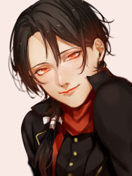 Rule 34 | 10s, 1boy, black hair, blurry, buttons, chiyome (wavelove), closed mouth, depth of field, eyelashes, head tilt, highres, kashuu kiyomitsu, long hair, looking at viewer, low ponytail, male focus, no mole, ponytail, red eyes, red lips, red scarf, scarf, simple background, sketch, solo, touken ranbu, upper body