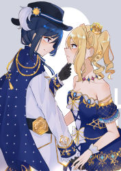 Rule 34 | 2girls, alternate hairstyle, artist name, artist request, bare shoulders, belt, belt buckle, black belt, black gloves, black hat, blue bow, blue cape, blue dress, blue hair, blue ribbon, blue skirt, blue wrist cuffs, blush, bow, braid, breasts, buckle, cape, cleavage, collarbone, collared shirt, cross-laced clothes, cross-laced dress, crown, crown braid, curly hair, dress, dress bow, earrings, epaulettes, face-to-face, female focus, gem, gloves, grey background, hair between eyes, hair ornament, hair rings, half gloves, hat, hat ribbon, highres, jewelry, long hair, long sleeves, looking at another, looking at viewer, love live!, love live! school idol festival, love live! school idol festival all stars, love live! sunshine!!, loyal knight (love live!), matsuura kanan, medium breasts, mini crown, miniskirt, multiple girls, necklace, necktie, ohara mari, pants, pants under dress, parted lips, pearl (gemstone), plaid, plaid skirt, pleated, pleated skirt, ponytail, puffy short sleeves, puffy sleeves, purple eyes, ribbon, shirt, short dress, short hair, short sleeves, skirt, sleeve cuffs, smile, sparkle, sparkle print, star (symbol), star hair ornament, striped necktie, striped neckwear, white bow, white dress, white necktie, white pants, white wrist cuffs, wing collar, wrist cuffs