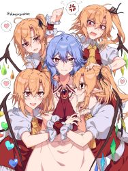 Rule 34 | 5girls, :d, ahoge, anger vein, ascot, black ribbon, blonde hair, blouse, blue hair, blush, collar, collared shirt, commentary request, crying, crystal, earrings, empty eyes, fang, flandre scarlet, four of a kind (touhou), frilled collar, frilled shirt, frills, fume, gem, grin, hair between eyes, hair ribbon, hand on another&#039;s head, heart, highres, himadera, jewelry, looking at another, looking at viewer, messy hair, multiple girls, nail polish, open mouth, pink shirt, pink skirt, pointy ears, puffy short sleeves, puffy sleeves, red ascot, red eyes, red nails, red skirt, red vest, remilia scarlet, ribbon, sharp teeth, shirt, short hair, short sleeves, side ponytail, simple background, skin fang, skirt, slit pupils, smile, speech bubble, spoken anger vein, spoken heart, sweatdrop, tears, teeth, touhou, tsurime, twitter username, vest, water drop, white background, white shirt, wing collar, wings, wrist cuffs, yellow ascot