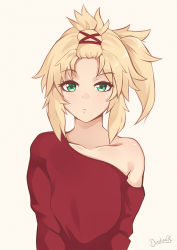 Rule 34 | 1girl, artist name, bare shoulders, blonde hair, collarbone, commentary request, darahan, fate/apocrypha, fate (series), green eyes, hair ornament, long sleeves, looking at viewer, mordred (fate), mordred (fate/apocrypha), off shoulder, one side up, ponytail, red sweater, simple background, solo, sweater, upper body, white background