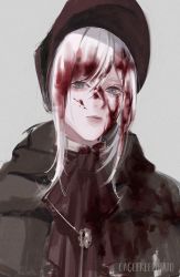 Rule 34 | 1girl, blood, blood in hair, blood on clothes, blood on face, blood stain, bloodborne, bonnet, cagefreepotato, cloak, green eyes, grey background, hat, jewelry, lips, long hair, looking at viewer, necklace, plain doll, simple background, solo, swept bangs, white hair