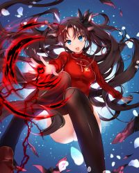 Rule 34 | 1girl, black hair, black thighhighs, blue eyes, blush, cross, fate/stay night, fate (series), hair ribbon, ice (ice aptx), jewelry, long hair, necklace, panties, ribbon, skirt, solo, sweater, thighhighs, tohsaka rin, twintails, two side up, underwear, white panties