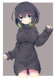 Rule 34 | 1girl, black hair, black sweater, blue eyes, breasts, closed mouth, commentary request, dress, grey background, hair between eyes, hand up, headphones, headphones around neck, highres, kyoumachi seika, long sleeves, looking at viewer, medium breasts, milkpanda, sleeves past wrists, smile, solo, sweater, sweater dress, two-tone background, voiceroid, white background