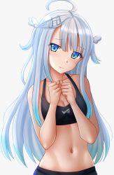 Rule 34 | 1girl, ahoge, amatsuka uto, aqua hair, bare arms, bare shoulders, blue eyes, blush, breasts, cleavage, collarbone, gradient hair, hair ornament, hairclip, highres, indie virtual youtuber, kazenokaze, looking at viewer, multicolored hair, navel, own hands together, silver hair, small breasts, smile, solo, sports bra, stomach, toned, two side up, upper body, virtual youtuber, wavy mouth, wing hair ornament