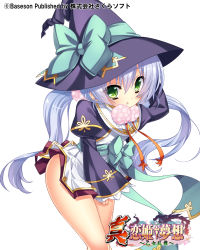 Rule 34 | (#)w(#), 1girl, arm up, blue hair, blue hat, blue jacket, cropped jacket, dress, dress tug, green eyes, hand on headwear, hat, highres, houtou, jacket, koihime musou, long hair, official art, short dress, simple background, solo, thighs, twintails, white background, white dress, wind, wind lift, witch hat