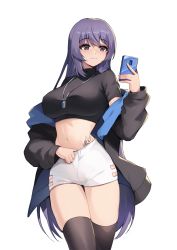 Rule 34 | 1girl, absurdres, black jacket, black shirt, black thighhighs, borrowed character, breasts, commission, cowboy shot, crop top, highres, holding, holding phone, jacket, jewelry, large breasts, long sleeves, looking at phone, midriff, navel, necklace, off shoulder, open clothes, open jacket, original, phone, purple eyes, purple hair, second-party source, shirt, short shorts, short sleeves, shorts, skindentation, smile, solo, standing, stomach, stomach tattoo, tattoo, thigh gap, thighhighs, thighs, ugwa, white background, white shorts, yuna (biya (1024))