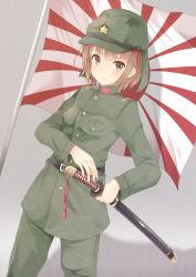 Rule 34 | 1girl, belt, breast pocket, breasts, brown eyes, brown hair, buttons, cowboy shot, flag, hat, highres, holding, holding weapon, imperial japanese army, katana, looking at viewer, medium breasts, military, military uniform, non-web source, pants, pocket, rising sun flag, shadow, solo, star (symbol), sunburst, sword, uniform, weapon