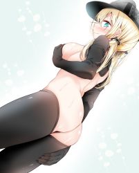 Rule 34 | 10s, 1girl, ass, black gloves, black thighhighs, blonde hair, blush, breasts, covering privates, covering breasts, dutch angle, embarrassed, gloves, green eyes, hat, highres, kantai collection, long hair, looking at viewer, low twintails, medium breasts, nontraditional school swimsuit, oouso, peaked cap, prinz eugen (kancolle), school swimsuit, shiny skin, sideboob, simple background, solo, swimsuit, thighhighs, twintails, wavy mouth