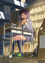 Rule 34 | 1girl, :|, black hair, black socks, blazer, blunt bangs, blush, book, book stack, bookshelf, bow, bowtie, chair, closed mouth, collared shirt, desk, from below, furuyama itaru, grey jacket, grey skirt, holding, holding book, jacket, kneehighs, library, light blush, long hair, looking at viewer, original, petals, pleated skirt, red bow, red bowtie, sandals, school desk, school uniform, shirt, sidelocks, sitting, skirt, socks, solo, thighs, white shirt, wooden floor