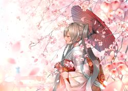 Rule 34 | 1girl, absurdres, arms at sides, blurry, blurry background, blurry foreground, branch, cherry blossoms, closed eyes, closed mouth, commentary request, curly hair, depth of field, fence, floating, flower, grey hair, hatsune miku, highres, holding, holding umbrella, huge filesize, japanese clothes, kimono, light smile, long hair, obi, oil-paper umbrella, outdoors, petals, pink flower, profile, red umbrella, remon (25444767), sash, shade, simple background, smile, solo, spring (season), traditional clothes, tree, twintails, umbrella, under tree, upper body, very long hair, vocaloid, white background, white kimono, wide shot, wide sleeves, wind, wind lift