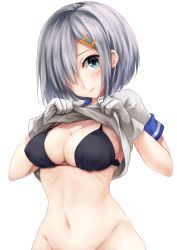 Rule 34 | 10s, 1girl, black bra, blush, bra, breasts, closed mouth, clothes lift, gloves, grey hair, groin, hair ornament, hair over one eye, hairclip, hamakaze (kancolle), head tilt, highres, kantai collection, large breasts, looking at viewer, minami machi, navel, no panties, out-of-frame censoring, shirt, shirt lift, short sleeves, simple background, smile, solo, underwear, white background, white gloves, white shirt