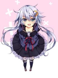 Rule 34 | 10s, 1girl, blue eyes, crescent, crescent hair ornament, hair ornament, highres, ikusa (puchi), kantai collection, long hair, long sleeves, looking at viewer, neckerchief, open mouth, personification, pleated skirt, purple hair, school uniform, short hair with long locks, skirt, socks, solo, yayoi (kancolle)