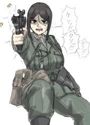 Rule 34 | 1girl, absurdres, belt, blood, blood on face, boots, breasts, buckle, bullet casing, collar, german army, gun, hair ornament, hairclip, handgun, highres, holster, japanese text, katu, large breasts, luger p08, military, military uniform, original, pistol, pouch, simple background, suspenders, uniform, weapon, world war ii