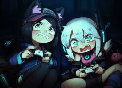 Rule 34 | 2girls, animal ear fluff, animal ears, black hair, cable, cable tail, clenched teeth, controller, digitan (porforever), fang, game controller, green eyes, headphones, highres, mechanical tail, multiple girls, nail polish, original, porforever, sitting, sweat, tail, teeth, white hair
