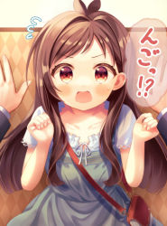 Rule 34 | 1boy, 1girl, absurdres, bag, blush, breasts, brown eyes, brown hair, collarbone, commentary request, dress, flying sweatdrops, green dress, hands up, highres, idolmaster, idolmaster cinderella girls, kabedon, long hair, long sleeves, looking at viewer, multicolored clothes, multicolored dress, open mouth, partial commentary, pov, shirt, short sleeves, shoulder bag, sleeveless, sleeveless dress, small breasts, solo focus, sweat, translated, tsujino akari, v-shaped eyebrows, very long hair, wavy mouth, white shirt, yata (yatao zzz)