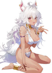 Rule 34 | 1girl, :3, absurdres, animal ear fluff, animal ears, armlet, barefoot, bikini, blush, bracelet, breasts, choker, earrings, fang, highres, jewelry, large breasts, long hair, looking at viewer, navel, open mouth, original, red eyes, simple background, sitting, smile, solo, swimsuit, tail, v, very long hair, wariza, white background, white bikini, white hair, yanyo (ogino atsuki)