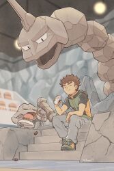 Rule 34 | 1boy, :t, baggy pants, blurry, blurry background, boots, bowl, brock (pokemon), brown hair, ceiling, closed eyes, closed mouth, commentary, creatures (company), dukehooverart, eating, food, game freak, gen 1 pokemon, geodude, grey pants, highres, indoors, male focus, nintendo, onigiri, onix, pants, pet bowl, pokemon, pokemon (creature), pokemon lgpe, shirt, short hair, short sleeves, signature, sitting, stairs, t-shirt, vest