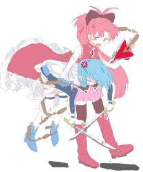 Rule 34 | 2girls, anger vein, black bow, blue eyes, blue gloves, blue hair, blue skirt, boots, bow, cape, carrying, carrying under arm, commentary request, dual wielding, elbow gloves, fang, female focus, frilled cape, gloves, hair bow, holding, holding person, holding polearm, holding spear, holding sword, holding weapon, leg belt, long hair, looking at another, looking down, looking to the side, madlib, magical girl, mahou shoujo madoka magica, mahou shoujo madoka magica (anime), mandarin collar, matching hair/eyes, miki sayaka, miki sayaka (magical girl), multiple girls, open mouth, pleated skirt, polearm, ponytail, red cape, red eyes, red footwear, red hair, red legwear, restrained, sakura kyoko, sakura kyoko (magical girl), scar, shadow, short hair, simple background, skirt, sleeveless, spear, sword, thigh strap, thighhighs, very long hair, weapon, white background, white gloves