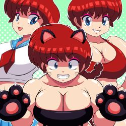Rule 34 | 1girl, animal ears, animal hands, blue eyes, breasts, bursting pectorals, cat ears, cat girl, cat paws, claws, cleavage, collarbone, dot nose, dual persona, eyeshadow, facing viewer, fangs, genderswap, genderswap (mtf), grin, large breasts, looking at viewer, makeup, moyashi, polka dot, ponytail, ranma-chan, ranma 1/2, red hair, school uniform, shadow, shiny clothes, shiny skin, skindentation, smile, teeth, upper body, whale tail (clothing)