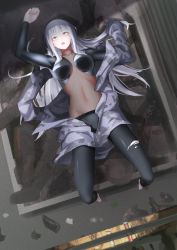 Rule 34 | 1girl, 2412743167, absurdres, ak-12 (faint light of furthest day) (girls&#039; frontline), ak-12 (girls&#039; frontline), barefoot, black bodysuit, black pants, bodysuit, breasts, camouflage, camouflage jacket, clothes pull, collarbone, corpse, girls&#039; frontline, highres, hood, hooded jacket, jacket, jacket pull, leggings, legs, long hair, long sleeves, looking up, lying, medium breasts, navel, no shoes, official alternate costume, on back, open clothes, open jacket, open mouth, pants, parted lips, red eyes, saliva, simple background, solo, stomach, teeth, torn clothes, torn pants, trash can, upper teeth only, white hair