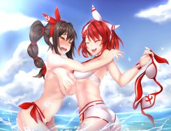 Rule 34 | 2girls, ara haan, ara han, ass, assisted exposure, bikini, black hair, blush, braid, breasts, closed eyes, clothes theft, covering breasts, covering nipples, covering privates, elesis (elsword), elsword, embarrassed, fi-san, highres, large breasts, long hair, multiple girls, open mouth, red hair, short hair, side-tie bikini bottom, smile, swimsuit, tears, theft, topless, unworn bikini top, wading, yellow eyes