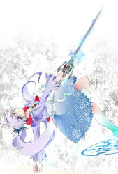 Rule 34 | 1girl, blue eyes, dress, highres, holding, holding sword, holding weapon, jewelry, light purple hair, long hair, long sleeves, nanop38, necklace, ponytail, rapier, rwby, sash, snowflakes, solo, sword, tiara, upside-down, very long hair, weapon, weiss schnee