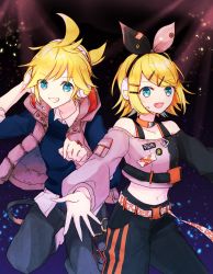 Rule 34 | 1boy, 1girl, belt, black background, black pants, black shirt, blonde hair, blue eyes, blue shirt, bow, collar, commentary, cowboy shot, crop top, grin, hair bow, hair ornament, hairclip, hand on headphones, headphones, headset, kagamine len, kagamine rin, leg up, looking at viewer, midriff, navel, outstretched arms, pants, project sekai, shirt, short hair, short ponytail, smile, spiked hair, standing, swept bangs, two-tone bow, two-tone shirt, vest, vivid bad squad len, vivid bad squad rin, vocaloid, yukara (loiroio)