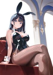 1girl absurdres animal_ears arm_support bare_shoulders black_hair black_leotard blush bow bowtie breasts cleavage closed_mouth covered_navel crossed_legs detached_collar fake_animal_ears fishnet_pantyhose fishnets highleg highleg_leotard highres large_breasts leotard long_hair looking_at_viewer original pantyhose playboy_bunny ponnetsu rabbit_ears side-tie_leotard sitting smile solo strapless strapless_leotard traditional_bowtie white_wrist_cuffs wrist_cuffs