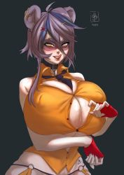 Rule 34 | 1girl, absolutelystorm, alternate breast size, animal ears, arm under breasts, bare shoulders, black hair, black necktie, breasts, choker, cleavage, collar, ear piercing, fingerless gloves, gloves, grey hair, heart, heart-shaped pupils, highres, indie virtual youtuber, large breasts, licking lips, necktie, nipples, orange eyes, orange shirt, piercing, raccoon ears, raccoon girl, red gloves, shirt, snuffy (vtuber), solo, symbol-shaped pupils, tongue, tongue out, virtual youtuber